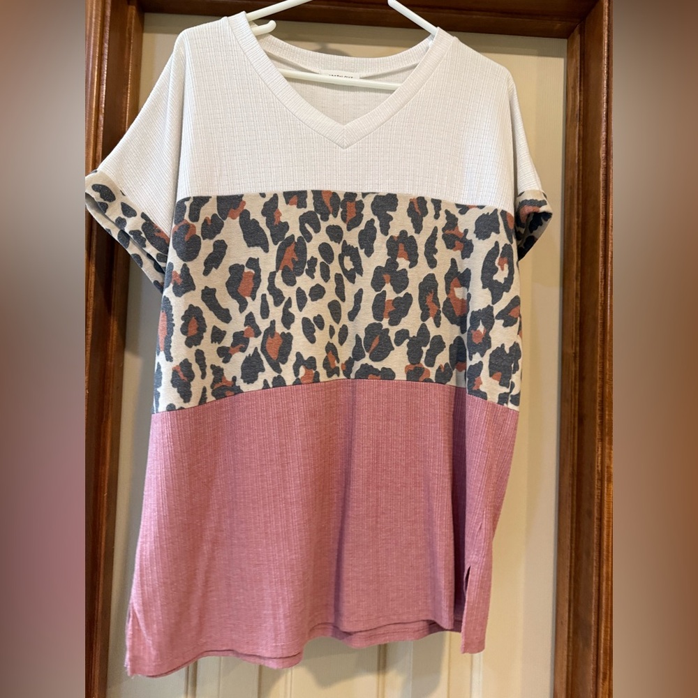First Love cream and mave Leopard Print Short Sleeve Top